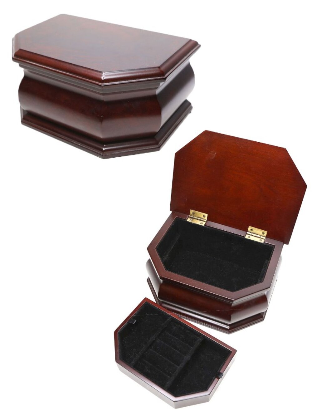 Vintage Bombay Company Mahogany Wooden Jewelry Box Black Velvet Tray